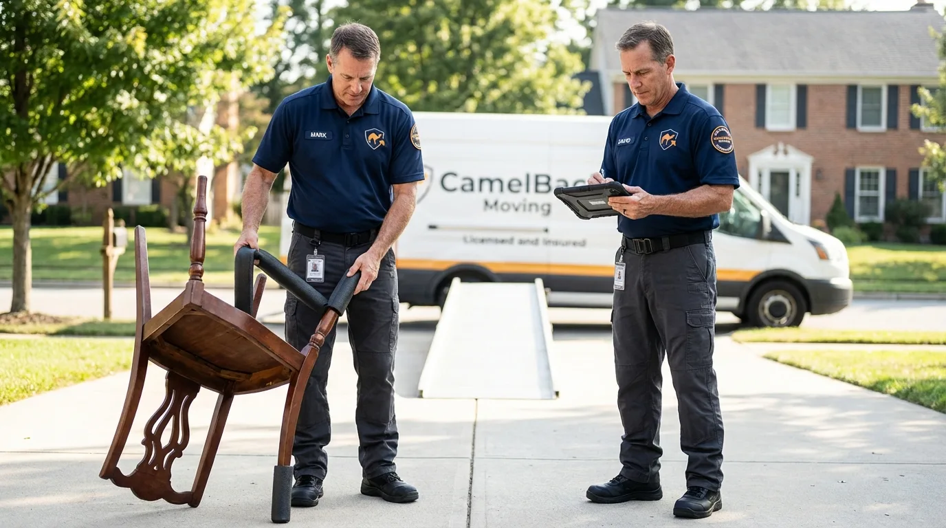 Movers inspecting furniture for damage prevention before loading in East Hampton, NY