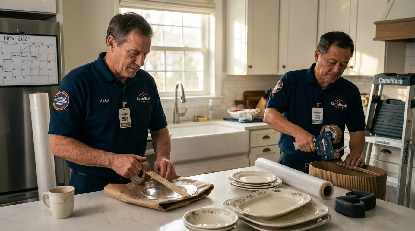 Professional crew packing kitchen dishware in East Hampton, NY